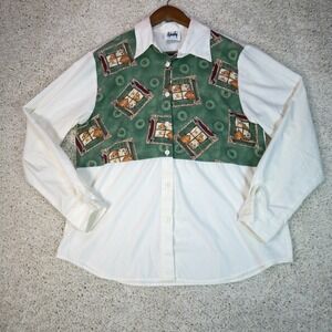 Vintage Tapestry Shirt Womens M Green Cat Print Grandmacore 90s USA Cottagecore